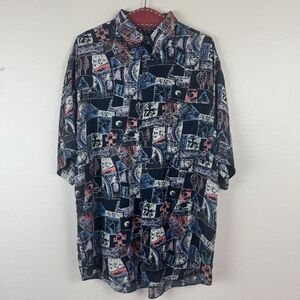 Vintage Goouch Silk Funky Abstract Art Party Button Down Shirt Blue Multi Large